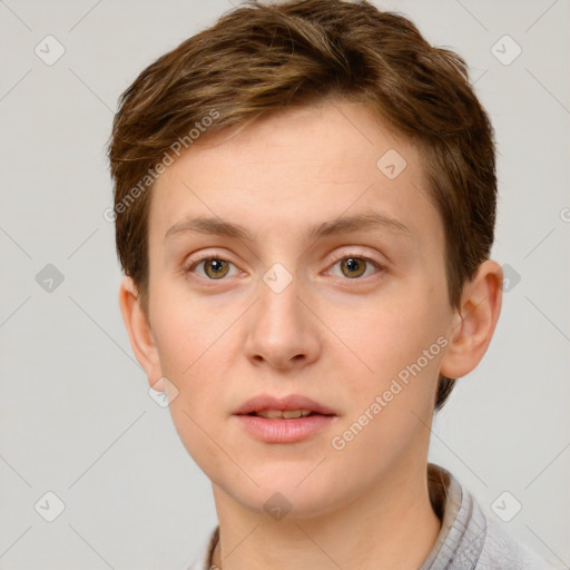 Neutral white young-adult male with short  brown hair and grey eyes