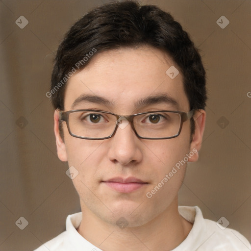 Neutral white young-adult male with short  brown hair and brown eyes