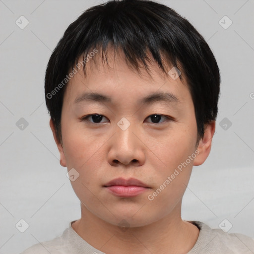 Neutral asian young-adult male with short  black hair and brown eyes