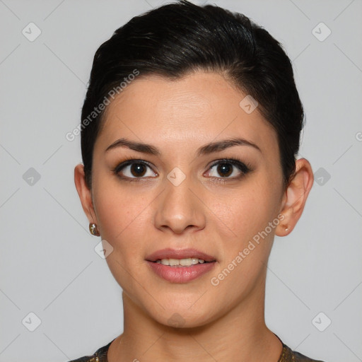 Joyful white young-adult female with short  brown hair and brown eyes