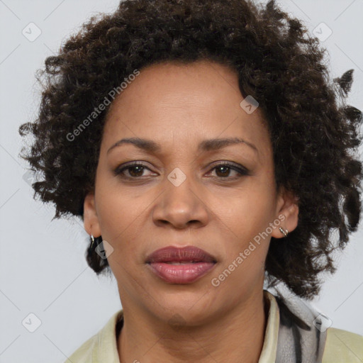 Joyful black adult female with medium  brown hair and brown eyes