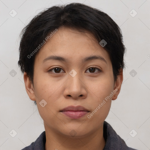 Neutral asian young-adult female with short  brown hair and brown eyes