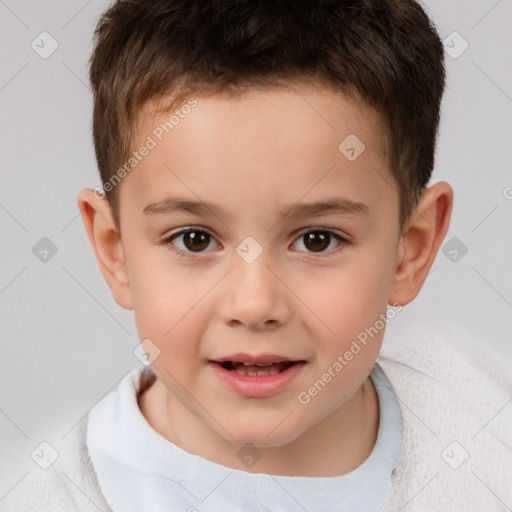 Joyful white child male with short  brown hair and brown eyes