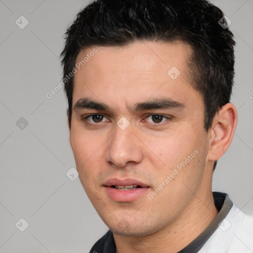 Neutral white young-adult male with short  brown hair and brown eyes