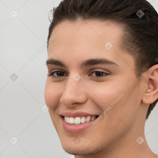 Joyful white young-adult female with short  brown hair and brown eyes