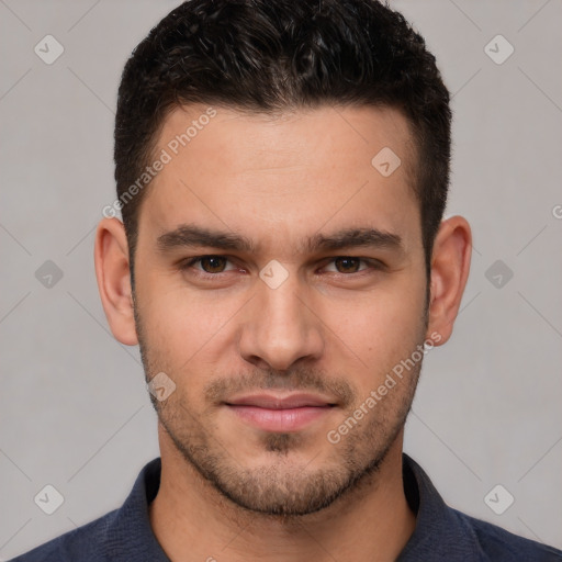 Neutral white young-adult male with short  brown hair and brown eyes