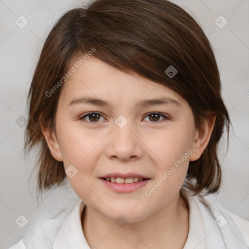 Joyful white child female with medium  brown hair and brown eyes