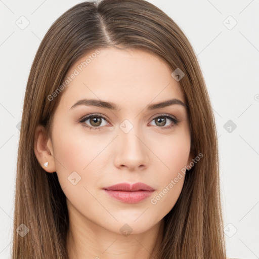 Neutral white young-adult female with long  brown hair and brown eyes