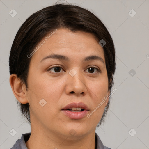 Neutral white young-adult female with medium  brown hair and brown eyes