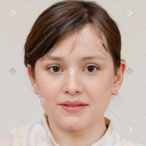 Joyful white child female with medium  brown hair and brown eyes