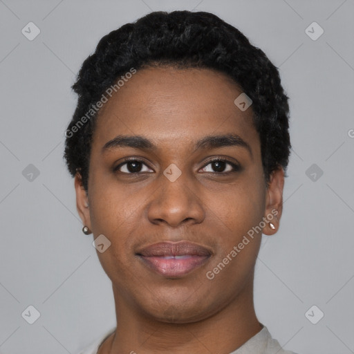 Joyful black young-adult female with short  black hair and brown eyes