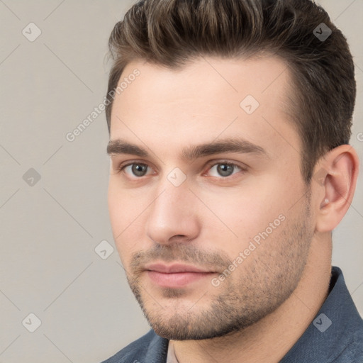 Neutral white young-adult male with short  brown hair and brown eyes