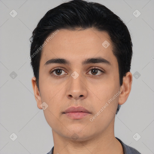 Neutral asian young-adult male with short  black hair and brown eyes