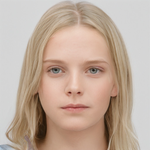 Neutral white child female with long  brown hair and blue eyes