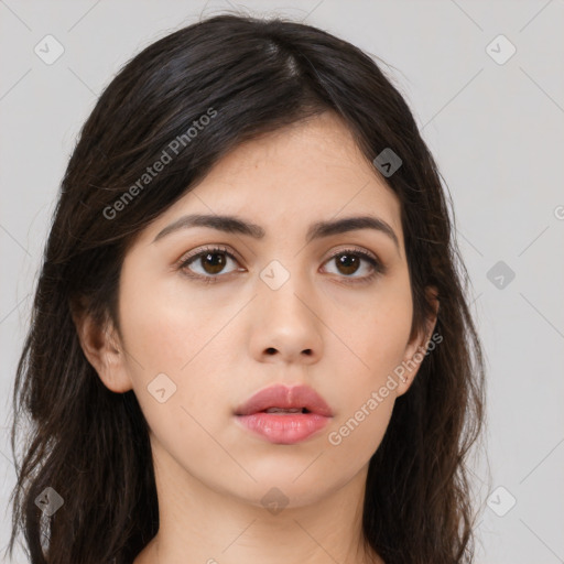 Neutral asian young-adult female with long  brown hair and brown eyes