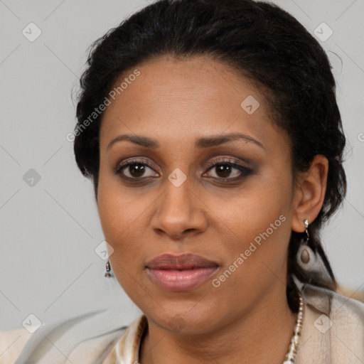 Joyful latino young-adult female with long  brown hair and brown eyes