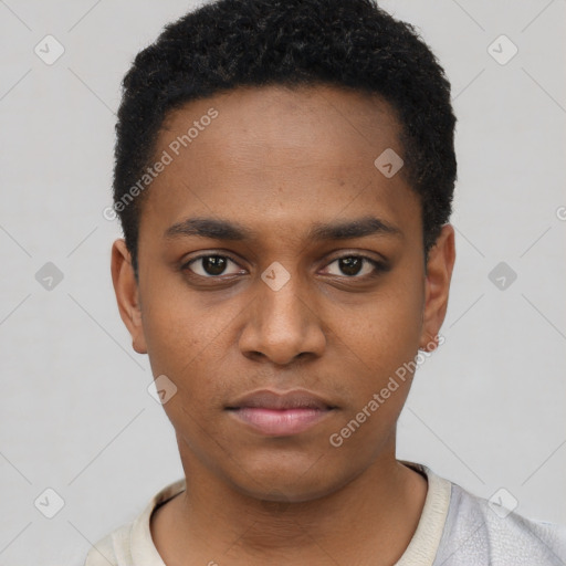 Neutral black young-adult male with short  black hair and brown eyes