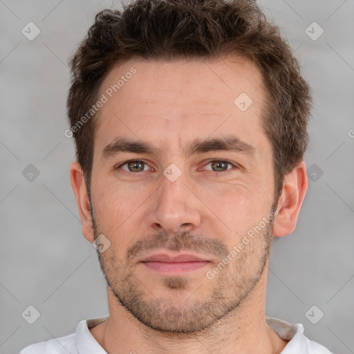 Neutral white adult male with short  brown hair and brown eyes