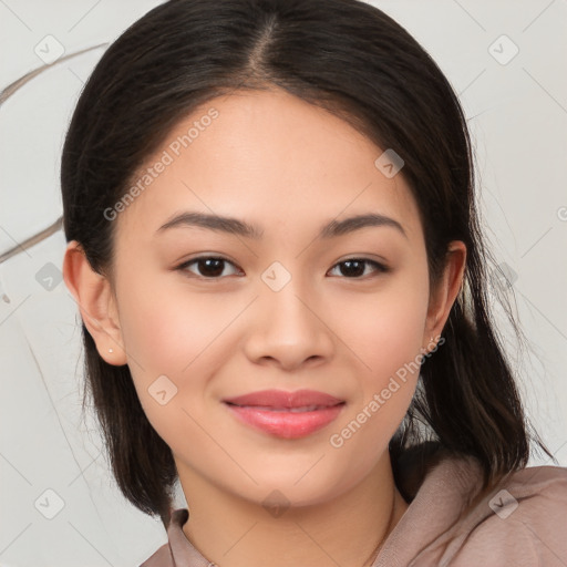 Joyful white young-adult female with medium  brown hair and brown eyes