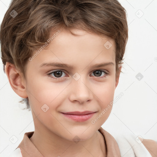 Joyful white child female with short  brown hair and brown eyes