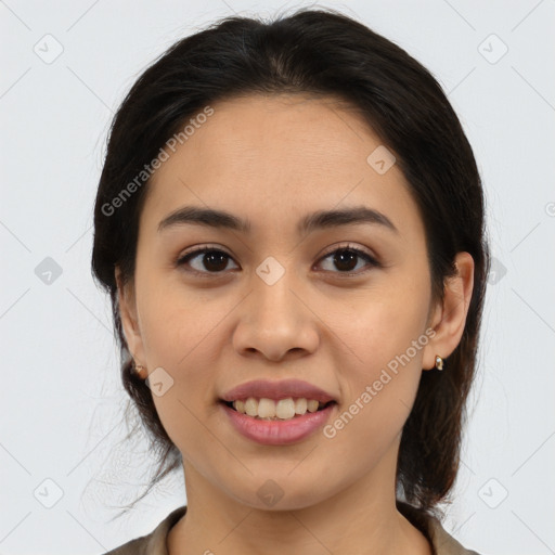 Joyful white young-adult female with medium  brown hair and brown eyes