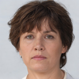 Neutral white adult female with short  brown hair and brown eyes