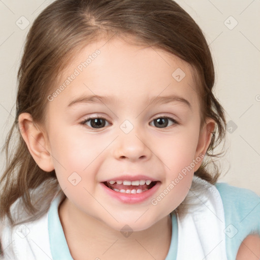 Joyful white child female with medium  brown hair and brown eyes