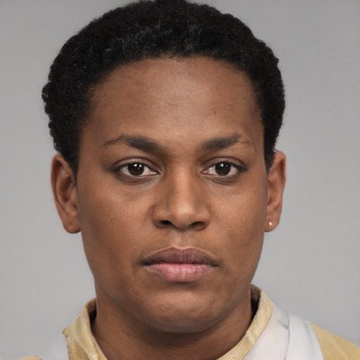Neutral black young-adult female with short  brown hair and brown eyes