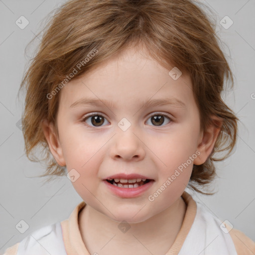 Joyful white child female with medium  brown hair and brown eyes