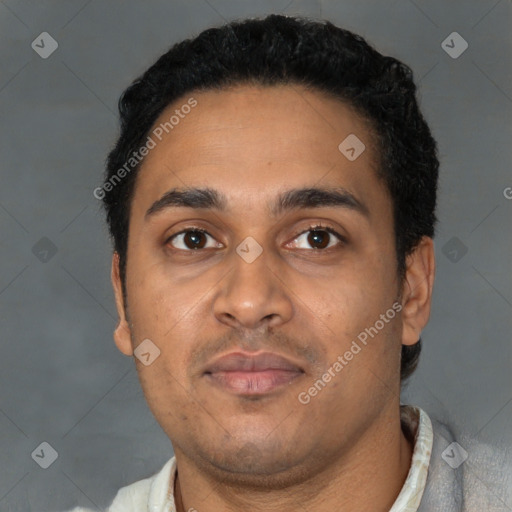 Neutral latino young-adult male with short  black hair and brown eyes