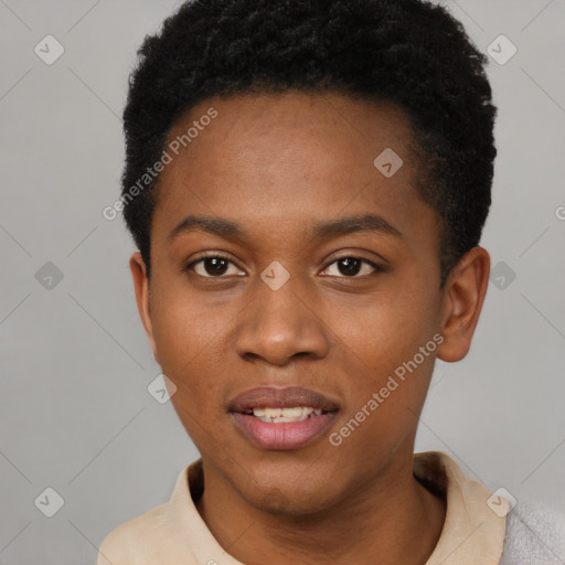 Joyful latino young-adult female with short  black hair and brown eyes