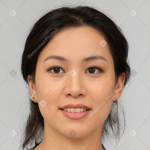 Joyful asian young-adult female with medium  brown hair and brown eyes