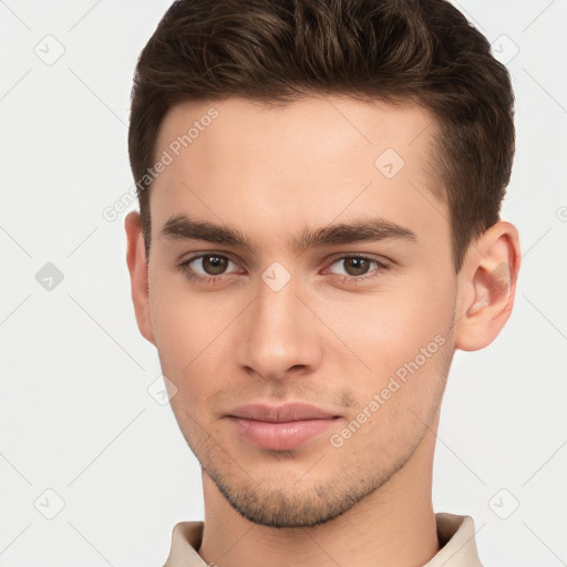 Neutral white young-adult male with short  brown hair and brown eyes