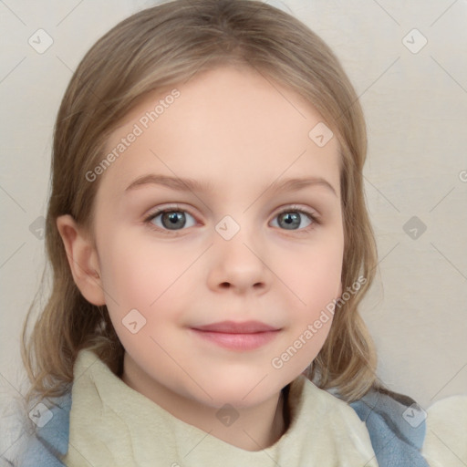 Neutral white child female with medium  brown hair and blue eyes