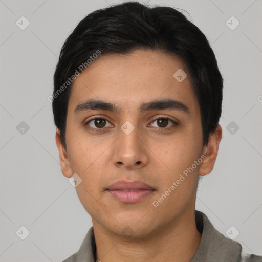 Neutral asian young-adult male with short  black hair and brown eyes