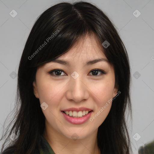 Joyful white young-adult female with long  brown hair and brown eyes