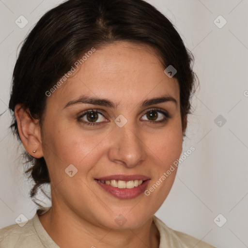 Joyful white young-adult female with medium  brown hair and brown eyes