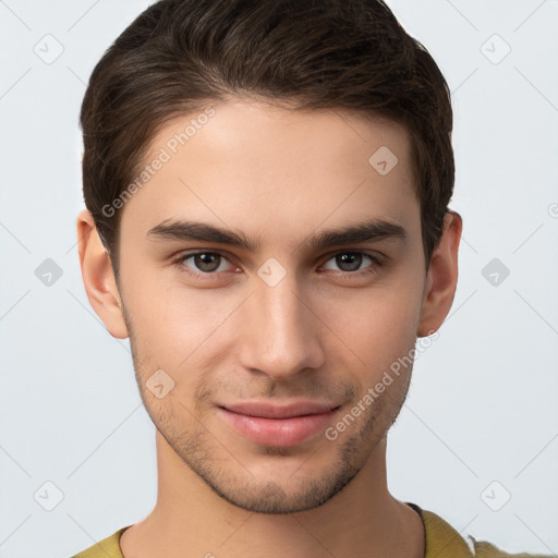 Joyful white young-adult male with short  brown hair and brown eyes