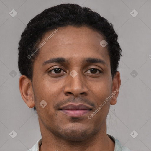 Neutral latino young-adult male with short  brown hair and brown eyes