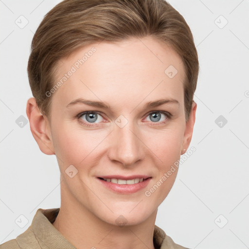 Joyful white young-adult female with short  brown hair and grey eyes