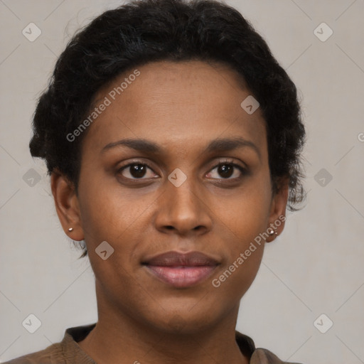 Neutral black young-adult female with short  brown hair and brown eyes