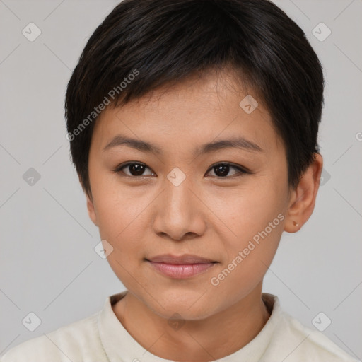Joyful asian young-adult female with short  brown hair and brown eyes