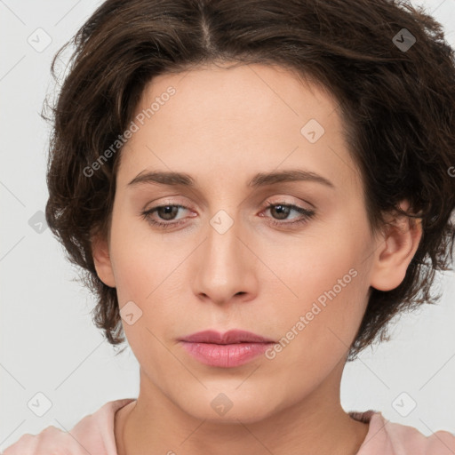 Neutral white young-adult female with medium  brown hair and brown eyes