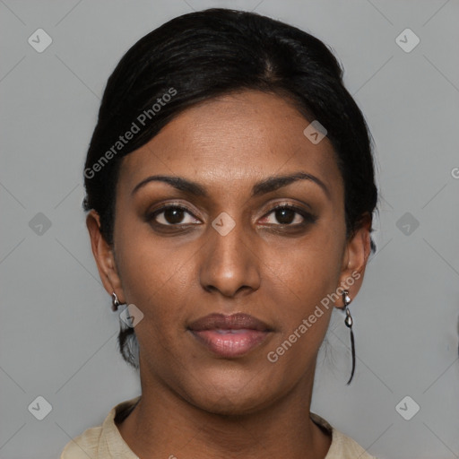 Neutral asian young-adult female with short  black hair and brown eyes