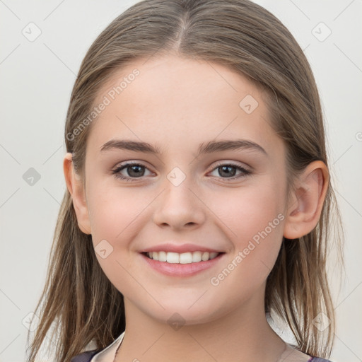 Joyful white child female with long  brown hair and brown eyes