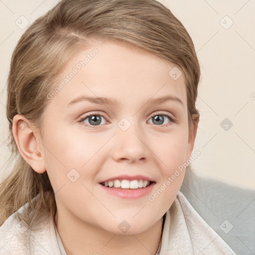 Joyful white child female with medium  brown hair and blue eyes