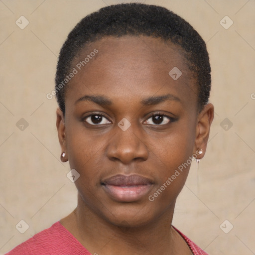 Neutral black young-adult female with short  black hair and brown eyes