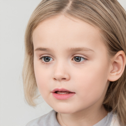 Neutral white child female with medium  brown hair and blue eyes