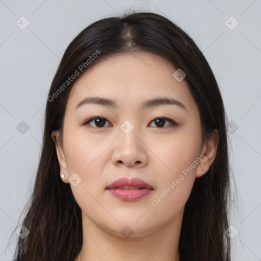 Neutral asian young-adult female with long  brown hair and brown eyes