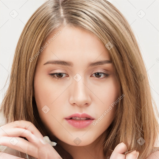 Neutral white young-adult female with long  brown hair and brown eyes